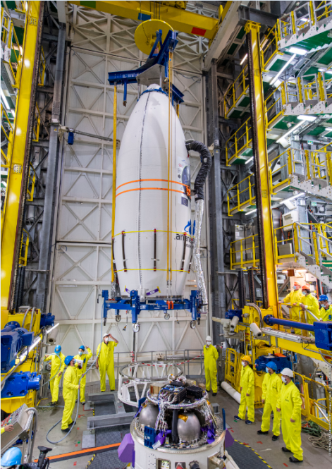 Installation of the fairing with 53 satellites on the upper stage of Vega rocket (AVUM)